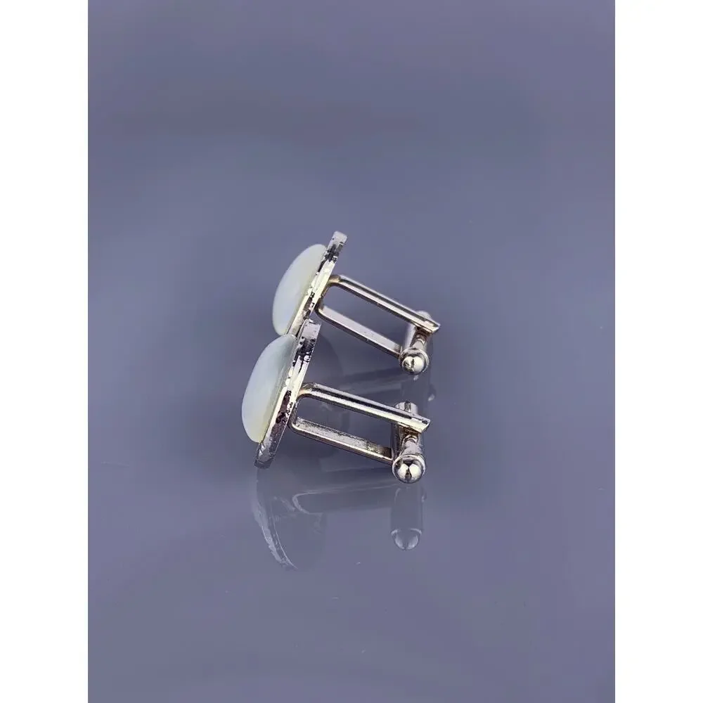 White Round Cabochon Cufflinks Silver Tone Modernist Simple Cats Eye Vintage